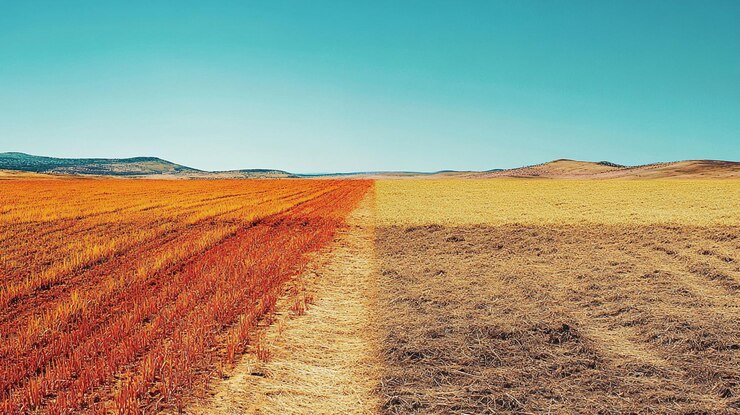 PSD vibranti terreni agricoli autunnali con campi rossi, arancioni e marroni divisi da un sentiero sotto un cielo blu limpido