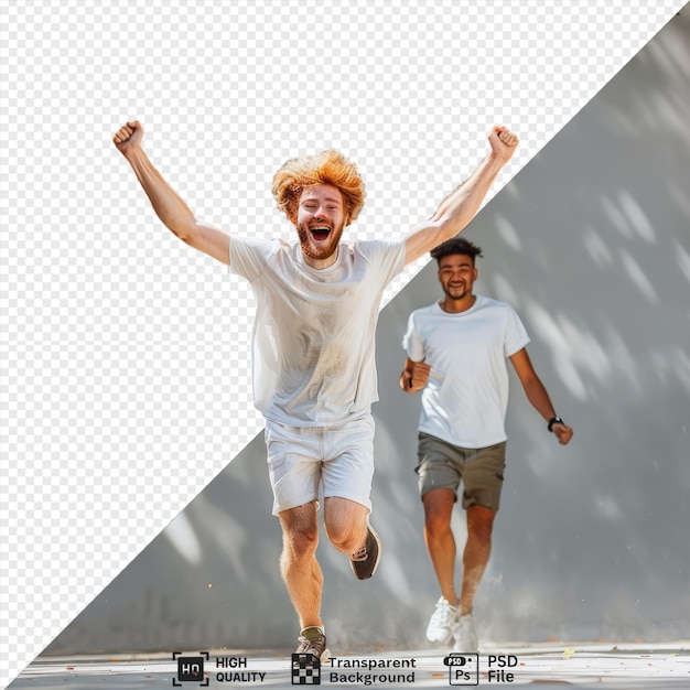 PSD victory on a skateboard a man in a white shirt and brown shorts rides a black skateboard on a concrete sidewalk with a white line marking the edge of the sidewalk another man png psd
