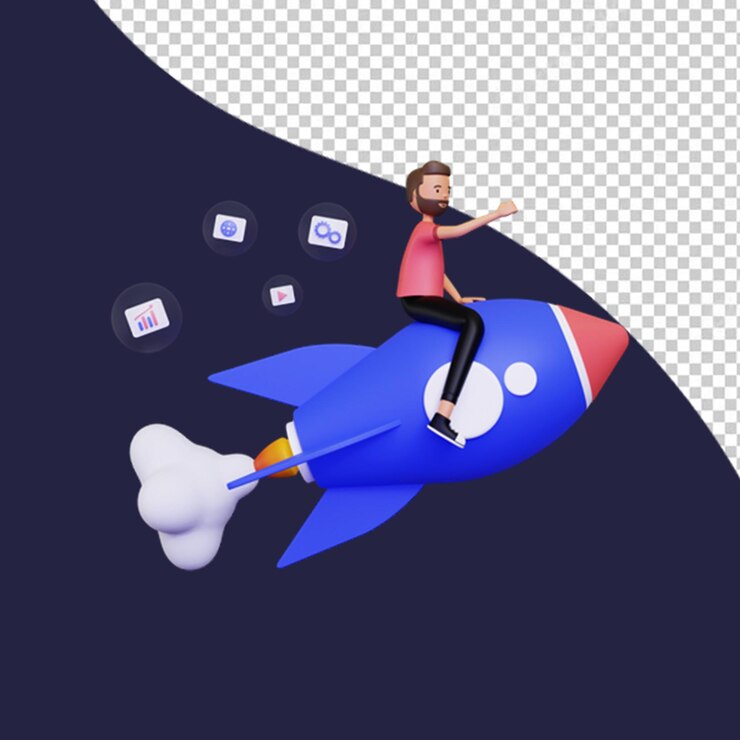 La vida de inicio en 3D con un hombre volando en un cohete