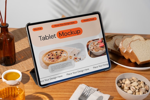 Vida muerta de la maqueta de la tableta en la mesa