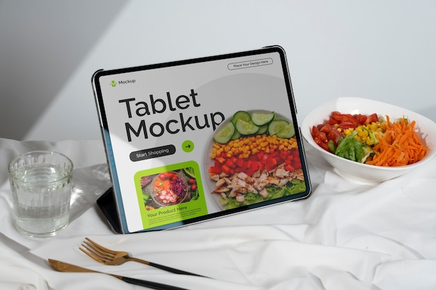Vida muerta de la maqueta de la tableta en la mesa