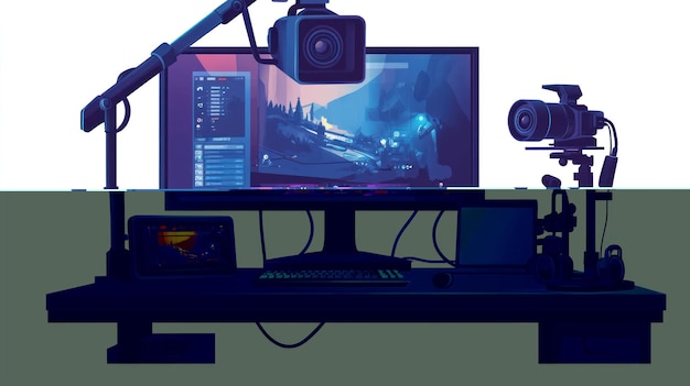 Video production setup with cameras monitors and computer