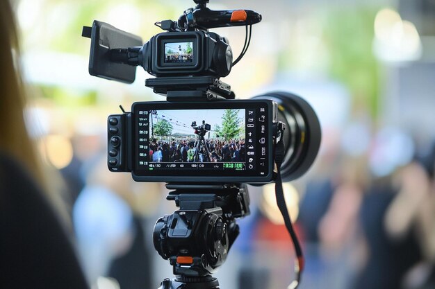 Una videocámara profesional filmando a una gran multitud al aire libre