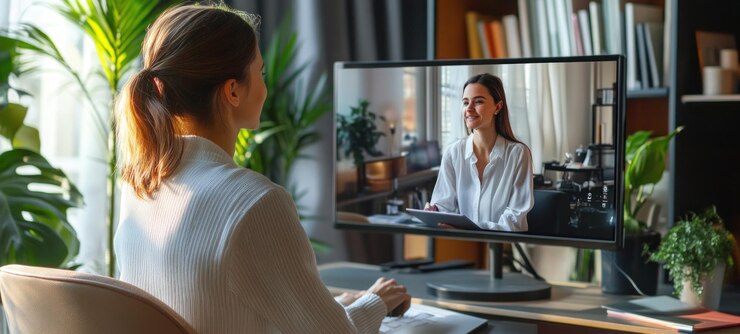 PSD videoconferencia de trabajo remoto mujer que tiene una reunión virtual en su computadora