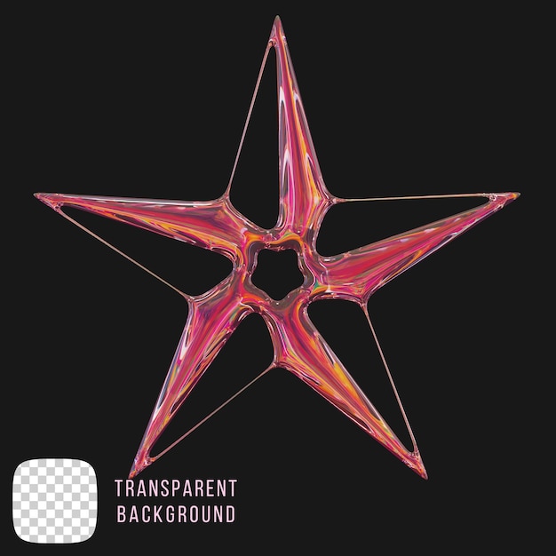 Vidrio de dispersión Psd y2k forma de estrella abstracta renderización 3D en fondo transparente