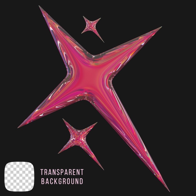 Vidrio de dispersión Psd y2k forma de estrella abstracta renderización 3D en fondo transparente