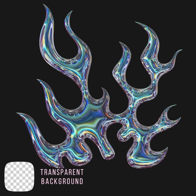 vidrio de dispersión psd y2k fuego forma abstracta renderización 3d en fondo transparente