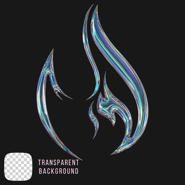 vidrio de dispersión psd y2k fuego forma abstracta renderización 3d en fondo transparente
