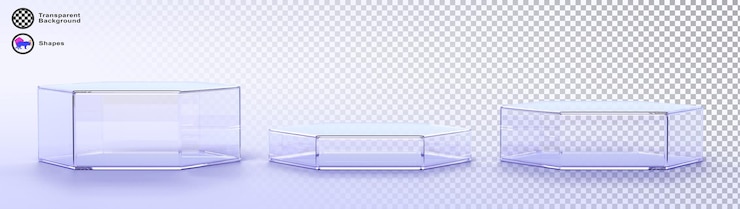 PSD vidro 3d transparente, hexágono claro, suporte de pódio, exibição isolada, conjunto de ícones de renderização, plataforma de pedestal de acrílico ou plástico para apresentação de produtos cosméticos, maquete de palco vazio