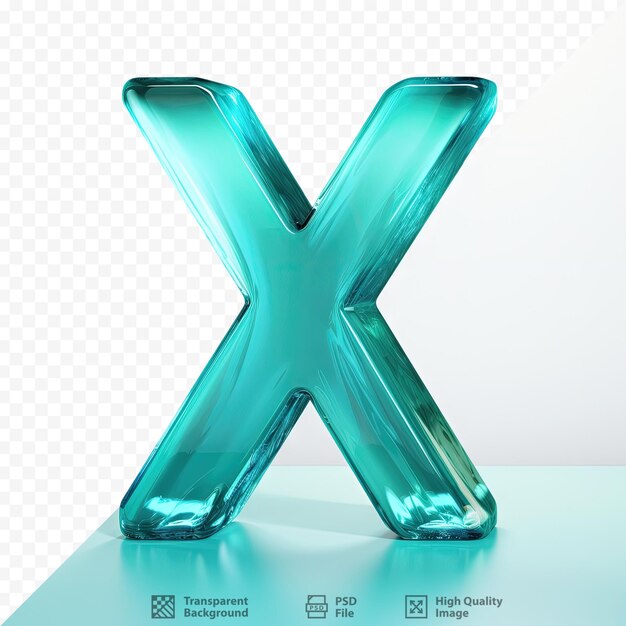 Vidro azul-azul brilhante x com superfície lisa em fonte elegante solta em fundo transparente