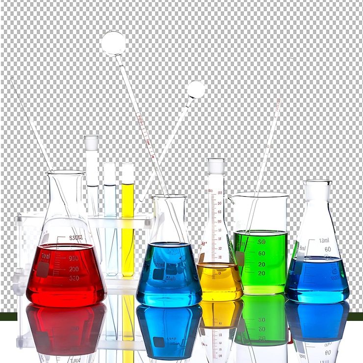 PSD vidro de laboratório com líquidos coloridos em garrafas erlenmeyer tubos de ensaio em fundo transparente
