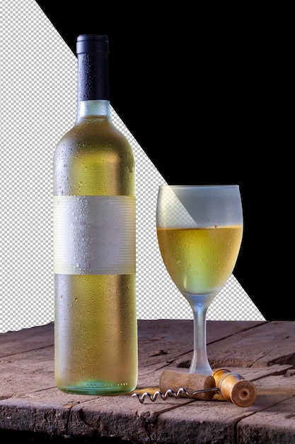 Vidro e garrafa de vinho branco