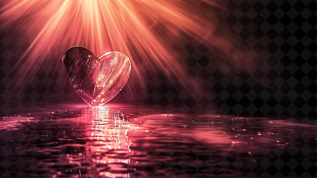 PSD vidro em forma de coração sobre uma superfície úmida com um reflexo de luz