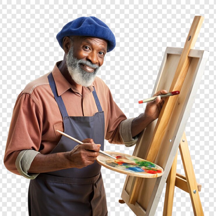 PSD un vieil homme peignant un tableau d'un artiste avec un pinceau
