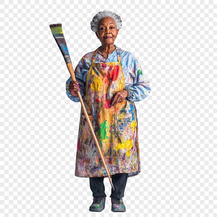 PSD une vieille femme avec un pinceau de peinture se tient devant une image d'une vieille femme