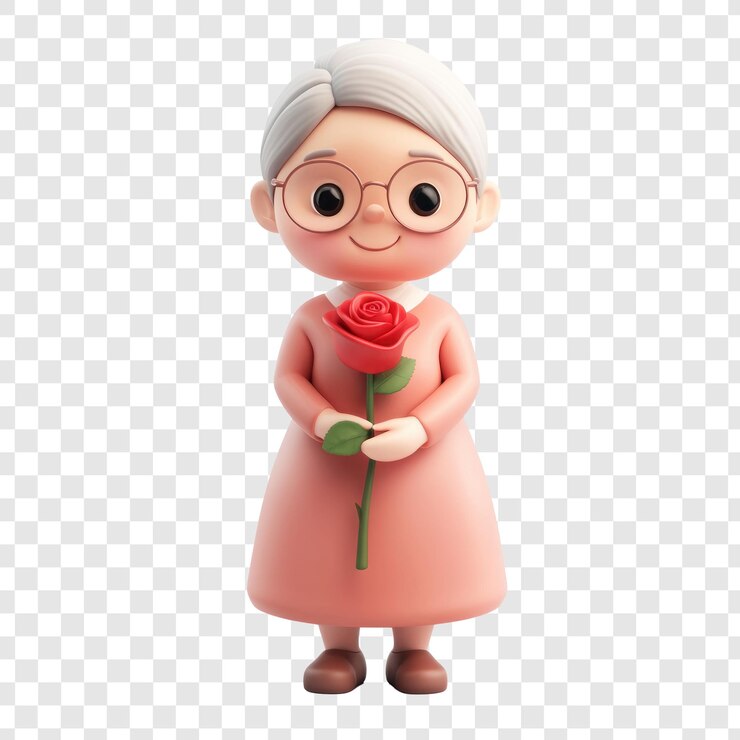 PSD vieille femme tenant une rose rouge icône de dessin animé 3d isolée