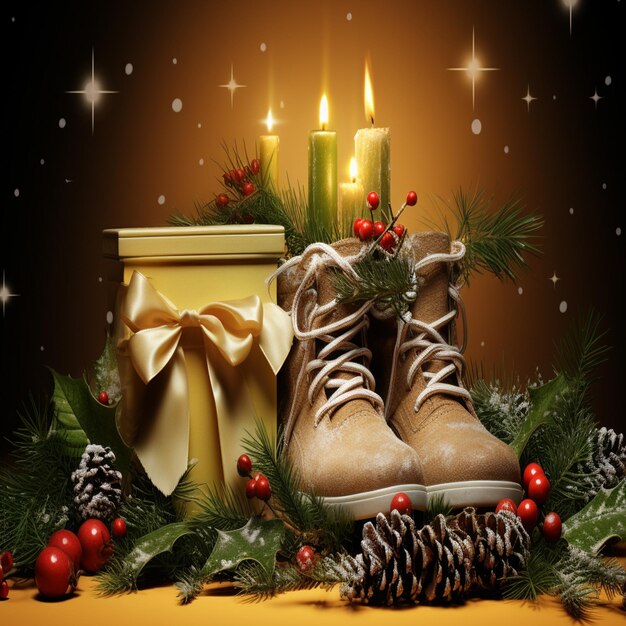 PSD de vieilles bottes de randonnée remplies de bonbons, de cadeaux et de décorations de noël le jour de noël