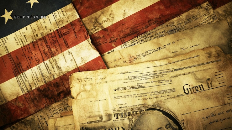 PSD vieja bandera estadounidense envuelta en documentos y papeles antiguos
