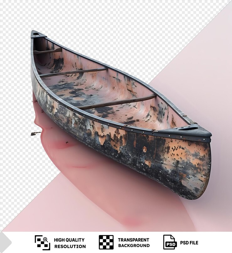 PSD una vieja canoa de madera se sienta sobre un fondo rosado aislada y lista para la aventura