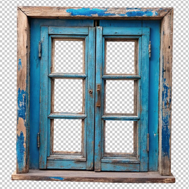 Vieja ventana azul vintage en un fondo transparente