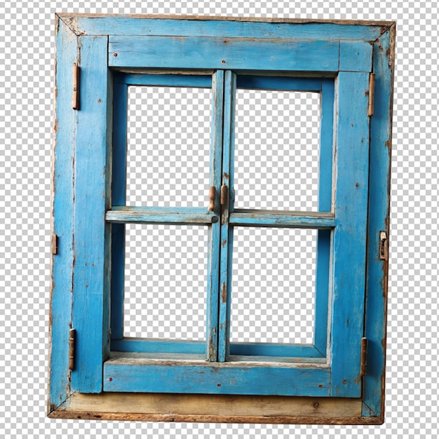 Vieja ventana azul vintage en un fondo transparente