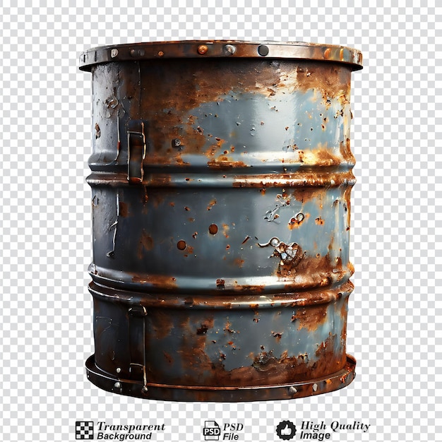 PSD viejo barril de aceite de acero oxidado aislado sobre un fondo transparente
