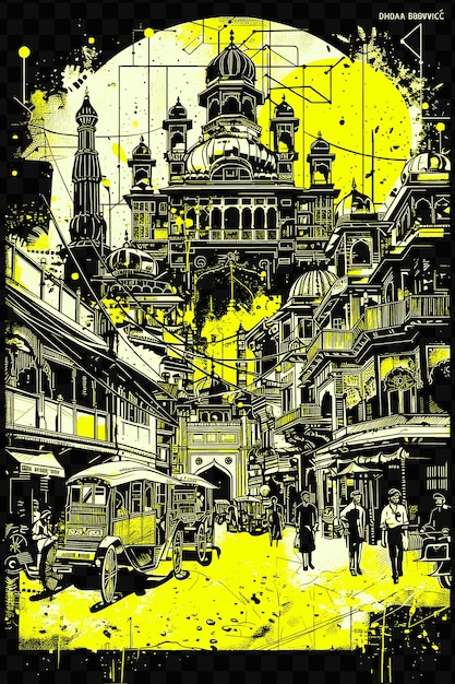 El viejo delhi chandni chowk con la caótica escena de la calle rickshaws psd vector t-shirt tatuaje tinta scape art