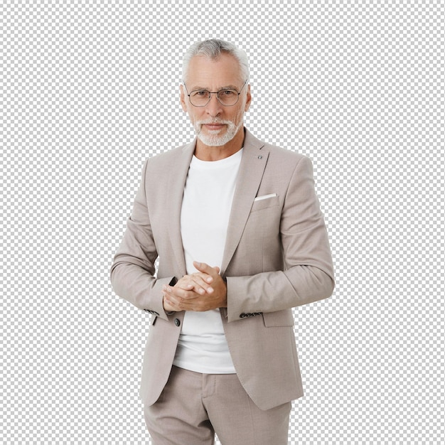 Un viejo empresario exitoso con traje y gafas que parece confiado.