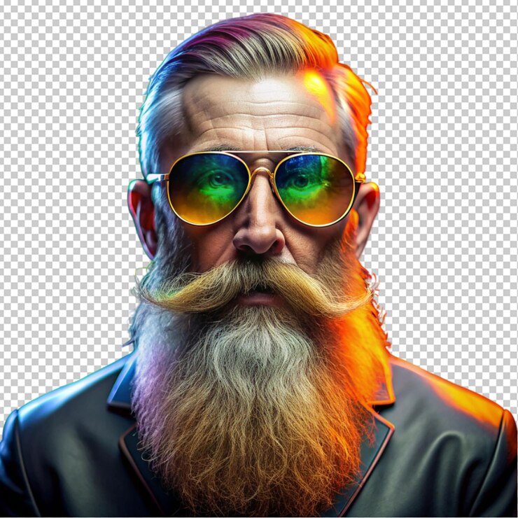 PSD viejo hipster elegante con gafas de sol de espejo naranja fondo transparente