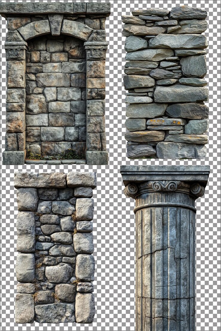 El viejo muro de piedra Elemento arquitectónico desgastado y atemporal Hiperrealista PNG aislado con claro