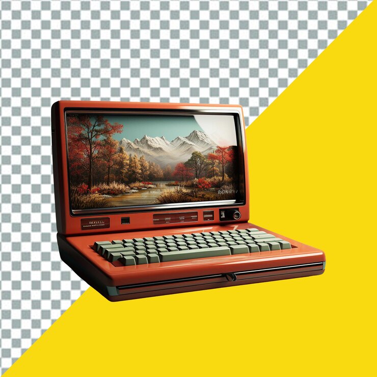 viejo portátil rojo con una imagen de una montaña en la pantalla de fondo transparente