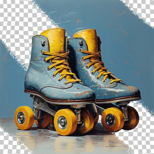 PSD viejos patines con ruedas azules, grises y amarillas en un fondo transparente de bolsillo desgastado