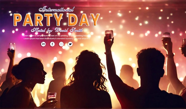 PSD viele mädchen und männer tanzen auf der dj-party mit einem world party day night hintergrund