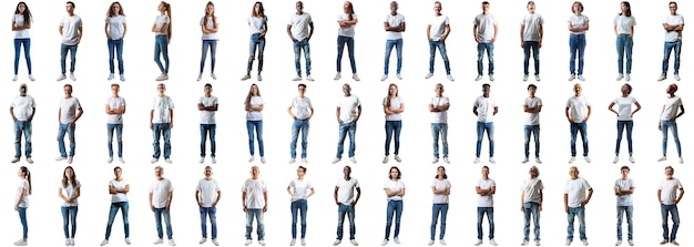 PSD viele menschen in weißen t-shirts und jeans über einem isolierten hintergrund mit knusprigen kanten