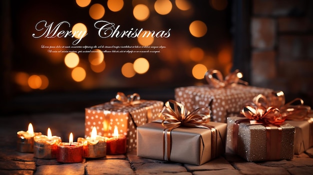 Viele Weihnachtsgeschenke vor dem Kamin und verschwommene Lichter auf dem Weihnachtenbaum in der abendlichen Kamera