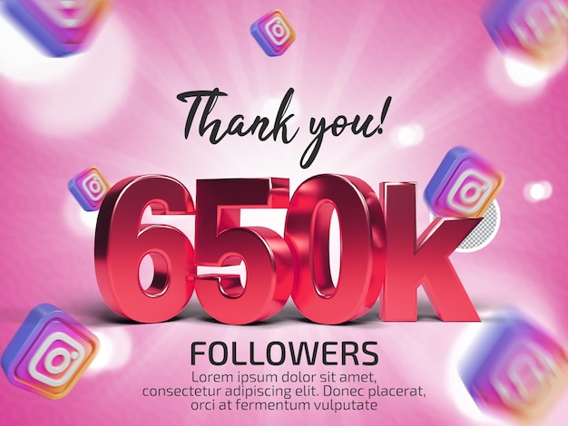 PSD vielen dank an 650.000 follower in instagram psd 3d-gerenderter text mit bearbeitbarem text