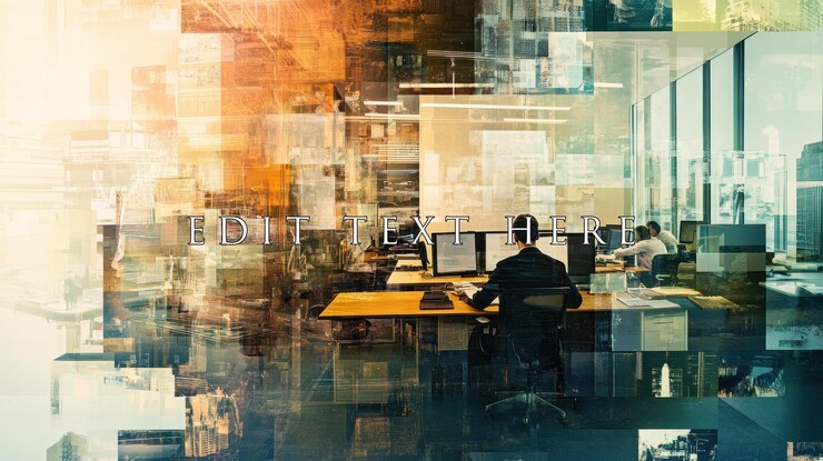 PSD vielfältige bildcollage, die menschen zeigen, die in einem modernen büro arbeiten, überlagert mit stadt- und technologiebildern