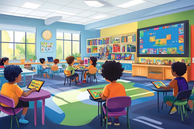 PSD vielfältige grundschüler mit digitalen tablets in einem bunten klassenzimmer mit einem großen interaktiven display