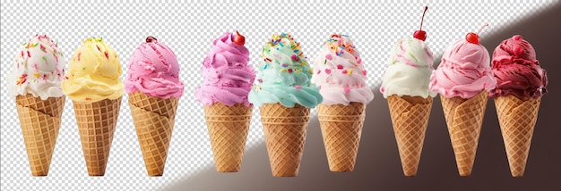 Vielfältiges Geschmacks-Eis in Waffelkegeln mit Sprinkles und Kirschen auf transparentem PNG-Top-Set