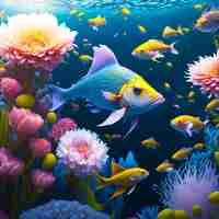 PSD vielfarbige fische schwimmen in einem lebendigen korallenriff.