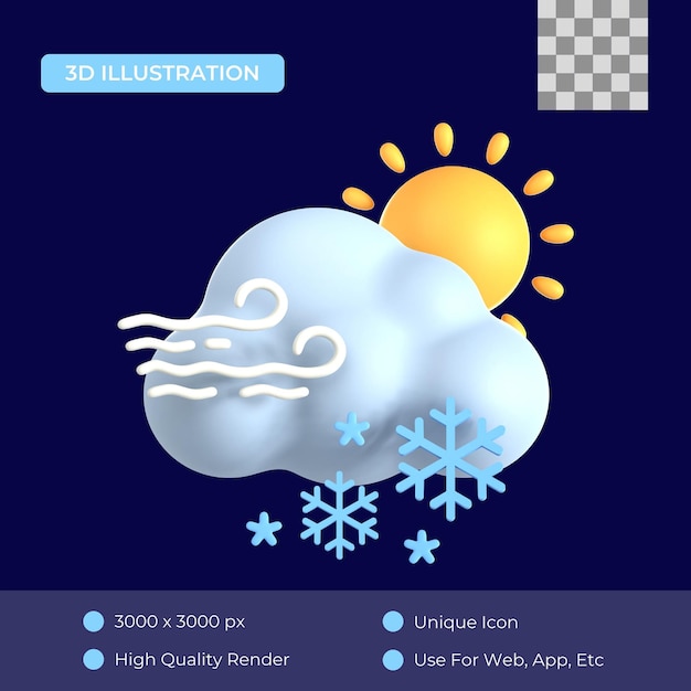 PSD viento de nieve nublado en el icono 3d del día