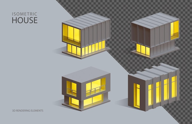 PSD vier isometrische 3d-rendering-isolierte elemente von kastenhäusern