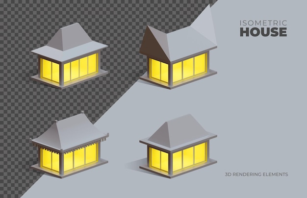 Vier isometrische 3d-wiedergabe isolierter elemente von häusern