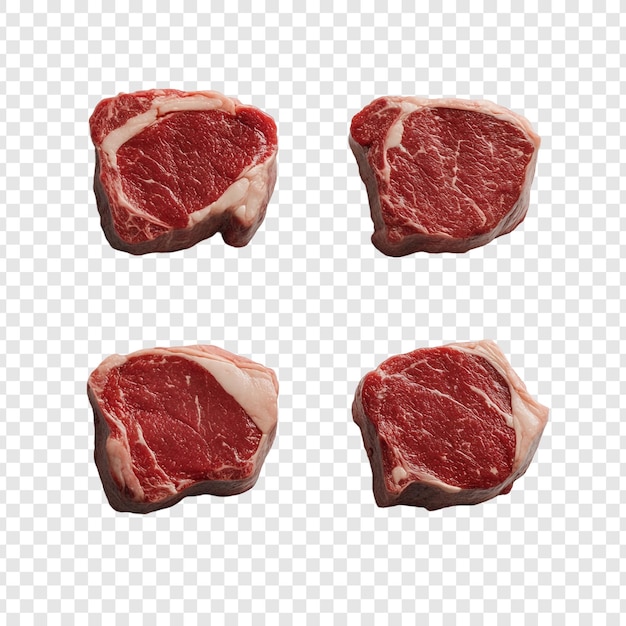 Vier rohe Steaks bereit zum Grillen