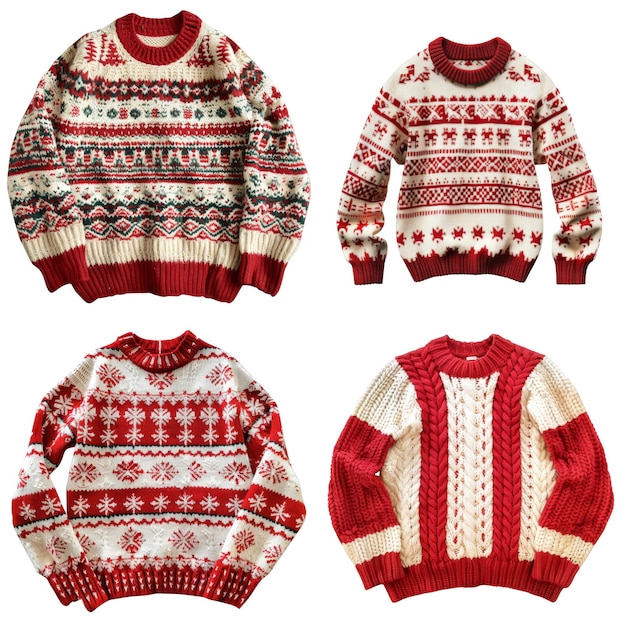 Vier rot-weiße Strickpullover mit verschiedenen Mustern