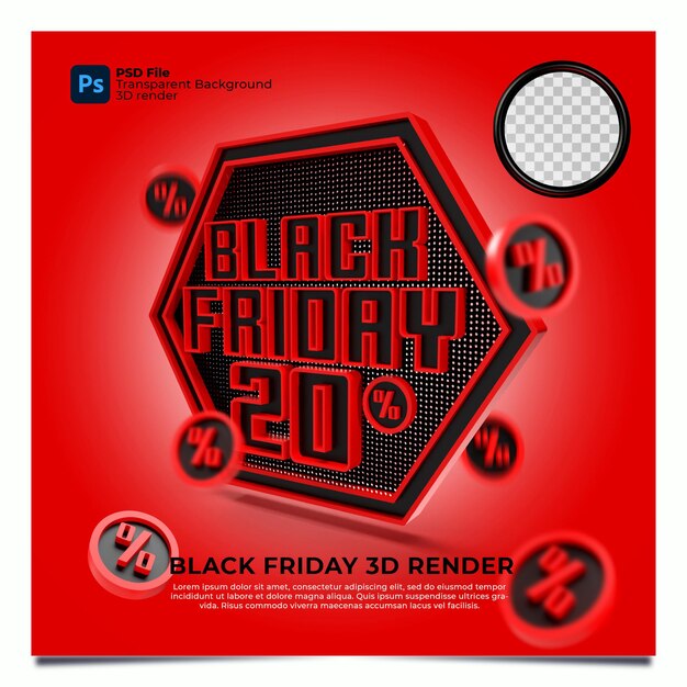 Viernes negro 20 porcentaje de descuento venta 3d render con hexágono de color rojo y elementos