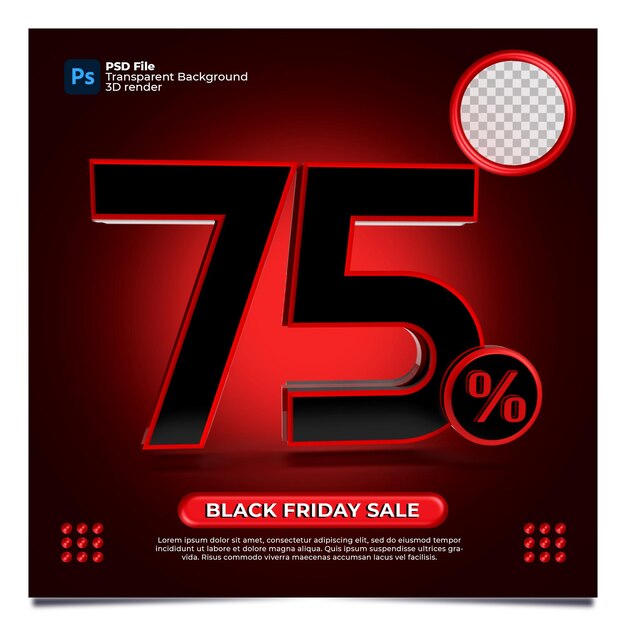 Viernes negro 75 porcentaje de descuento venta 3d render con color rojo