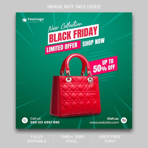 Viernes negro banner de venta publicación en redes sociales plantilla de instagram bolsa roja fondo verde