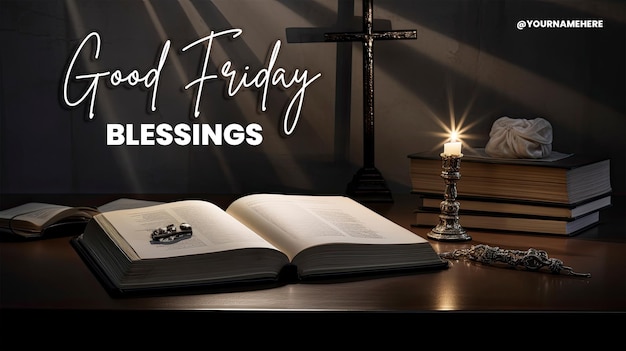 PSD viernes santo biblia y cruz en el escritorio minimalismo oscuro y