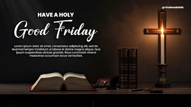 PSD viernes santo biblia y cruz en el escritorio minimalismo oscuro y
